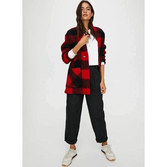 Aritzia WILFRED FREE Off Duty Red Black Check Wool Blend Cocoon Coat, Size S - Picture 13 of 16
